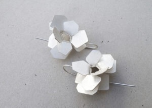 Folded, earrings, sterling silver, fresh water pearls, silk, 2018