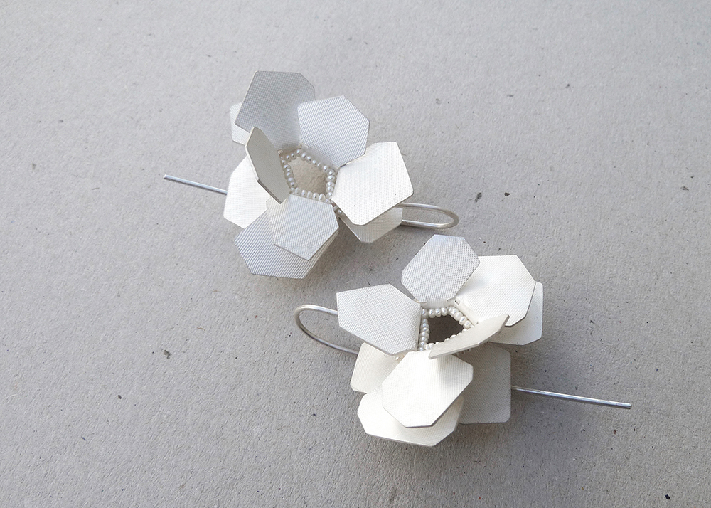 Folded, earrings, sterling silver, fresh water pearls, silk, 2020