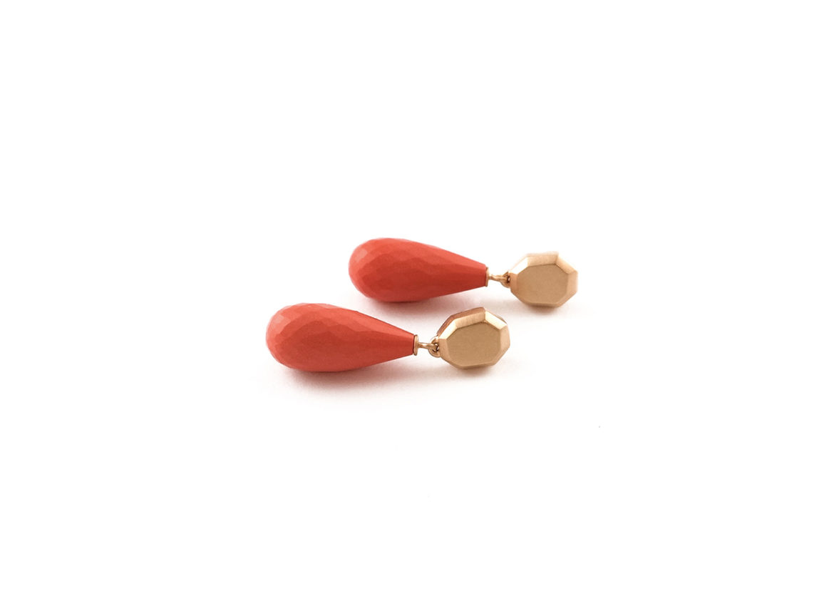 Nice, earrings, gold plated sterling silver, reconstituted coral, 2015